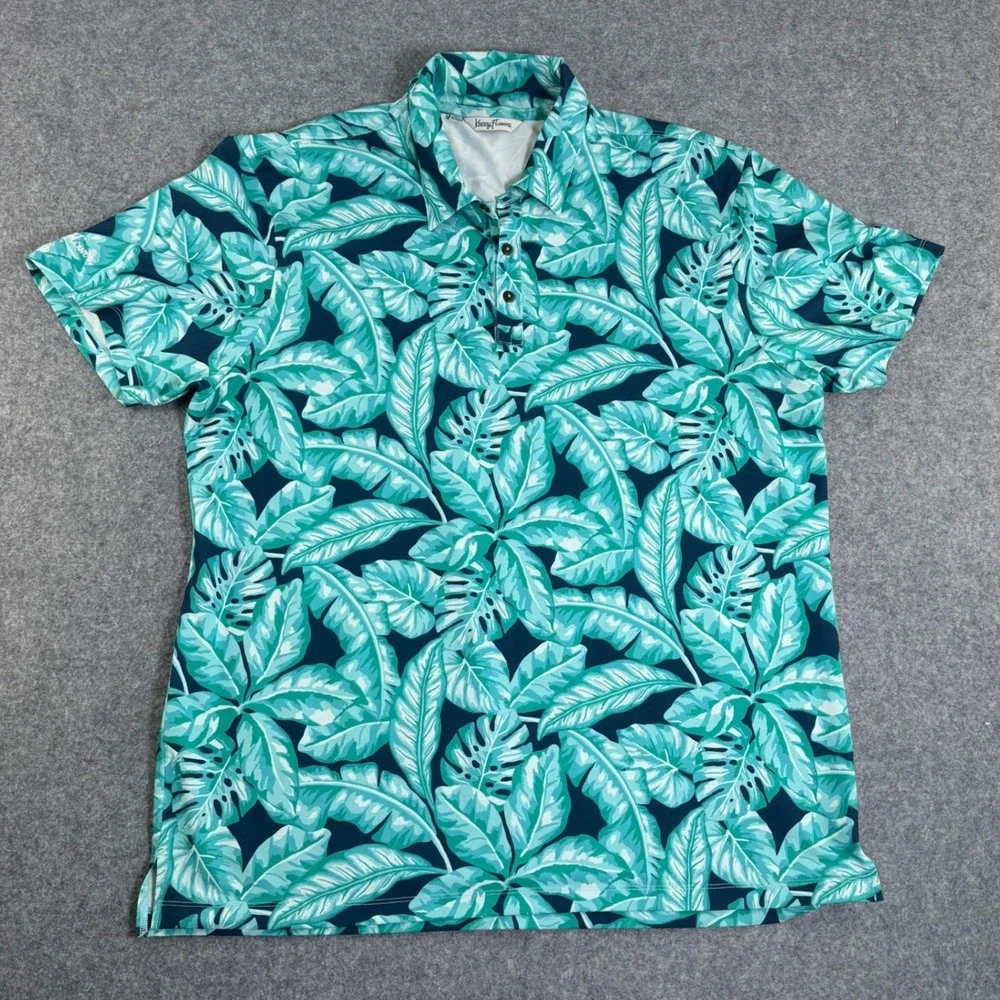 Kenny Flowers Mens XL Teal Tropical Monstera Leaf Print Golf Polo Shirt Stretch